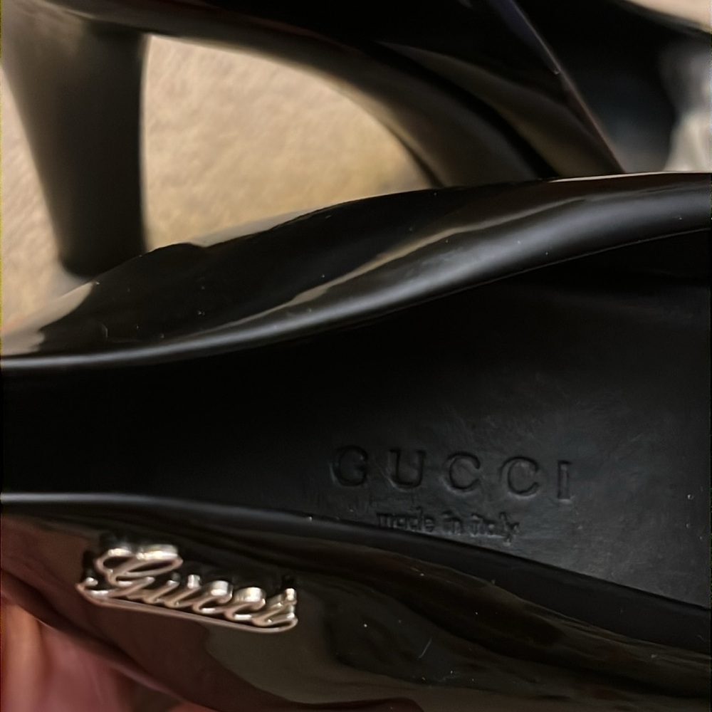 GUCCI Vitelli Bernice Soft Nero Black Baby Jane Heel Logo Hardware Sz 39 - Picture 10 of 11